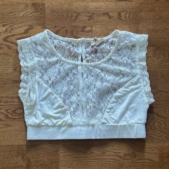 POL Women's Ivory Lace Crop Top Button Back S Tank Sheer Mesh Cropped Bralette - Picture 1 of 3